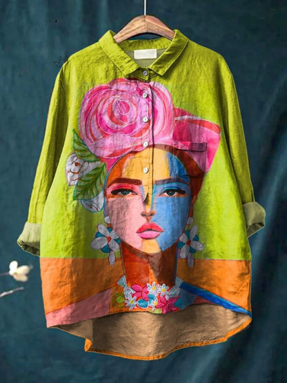 Oljemaleri Freda Portrett Kunst Trykket Kvinne Casual Skjorte