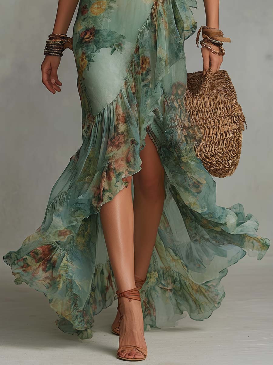 Aurora – Boho Blomstrete Maxi Kjole med en Romantisk Asymmetrisk Hem