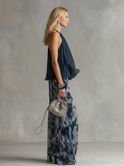 ESSENSIELL - Ludovica – Elegant chiffon-sett med høyhalset topp og vide trykte bukser