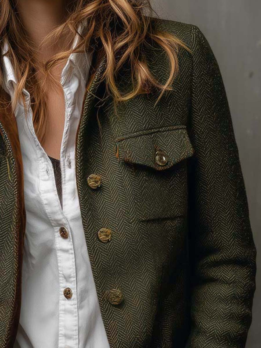 Women’s Vintage Herringbone Contrast Trim Blazer