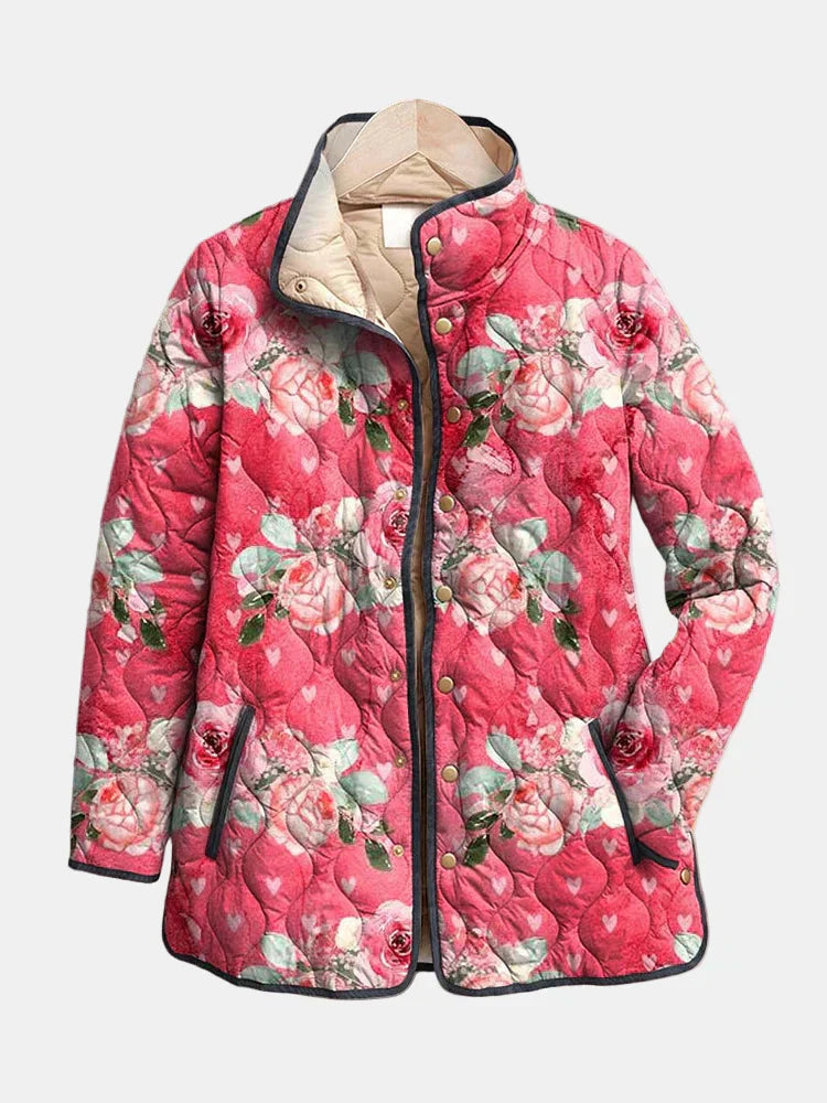 Freya | Sjarmerende Rosa Blomstertrykk Vattert Jakke