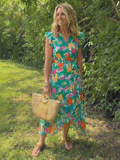 Lila | Blomstrete V-hals Lagdelt Midikjole