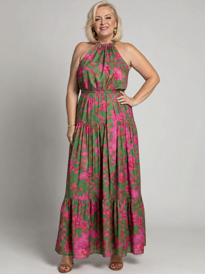 Rosa | Midi kjole med drapering og halterneck