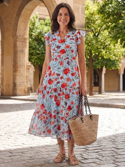 Lila | Blomstrete V-hals Lagdelt Midikjole