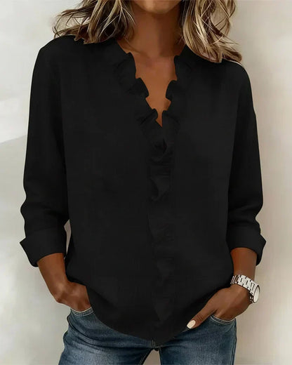 Susan | Bluse med Volanger, V-Hals og Lange Ermer