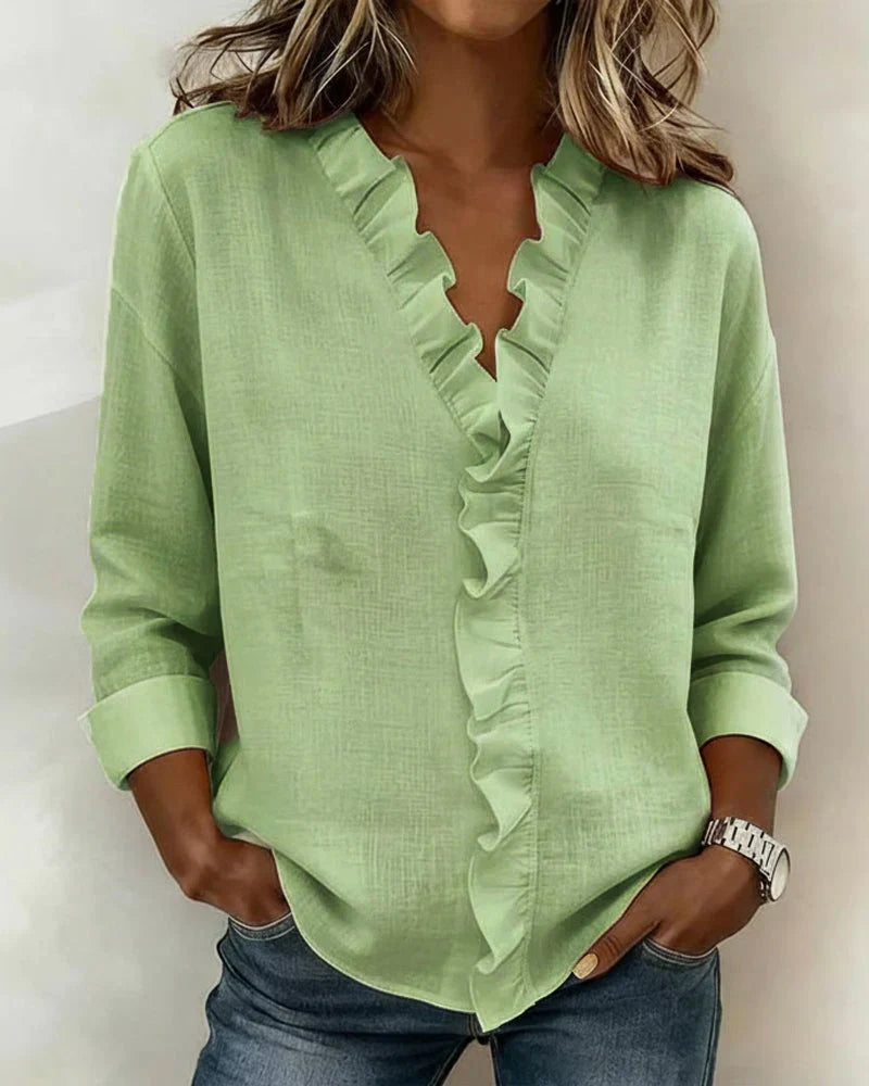 Susan | Bluse med Volanger, V-Hals og Lange Ermer