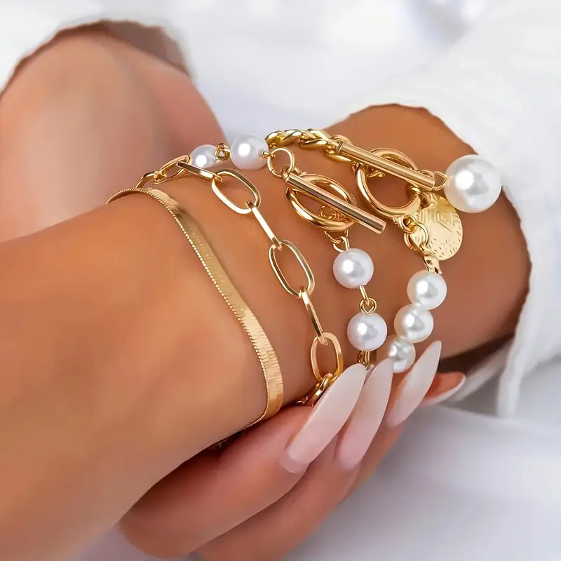 Elegant 4-delt Armbåndsett – Slange, Perler og Lenker