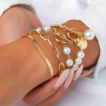 Elegant 4-delt Armbåndsett – Slange, Perler og Lenker