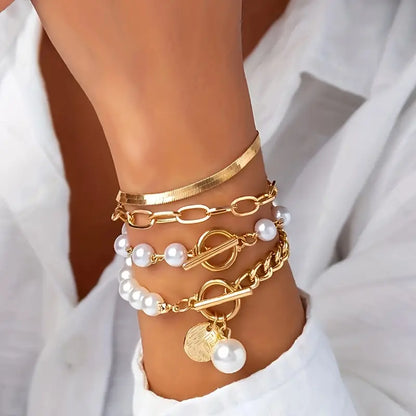 Elegant 4-delt Armbåndsett – Slange, Perler og Lenker