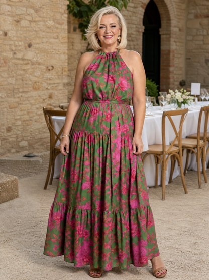 Rosa | Midi kjole med drapering og halterneck