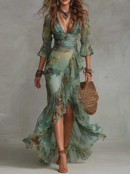 Aurora – Boho Blomstrete Maxi Kjole med en Romantisk Asymmetrisk Hem