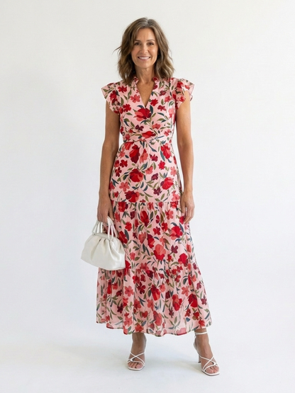 Lila | Blomstrete V-hals Lagdelt Midikjole