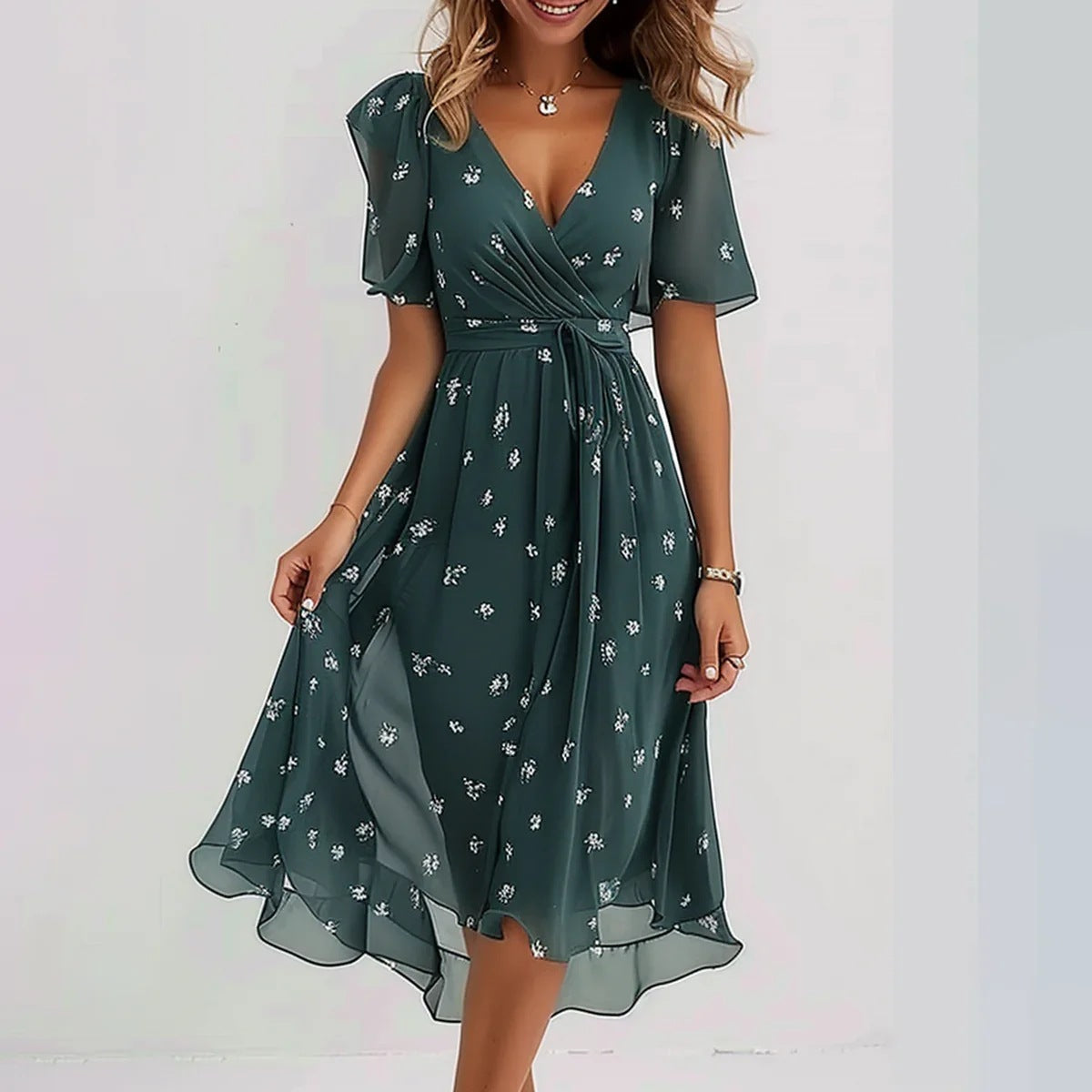 Arianna - Lett Korte Ermer Kjole med Elegant Print