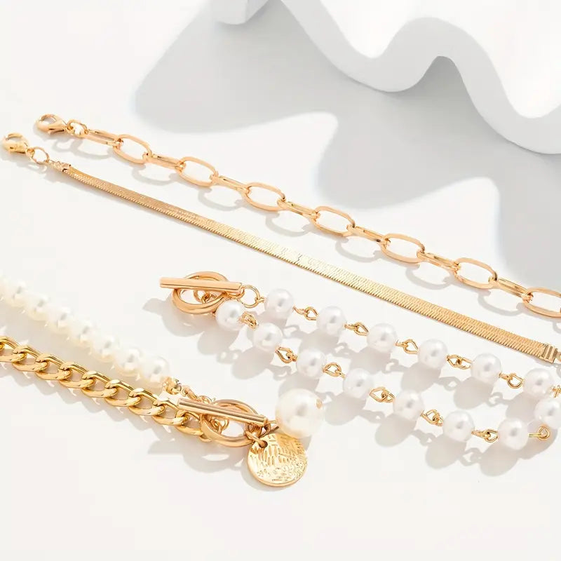 Elegant 4-delt Armbåndsett – Slange, Perler og Lenker
