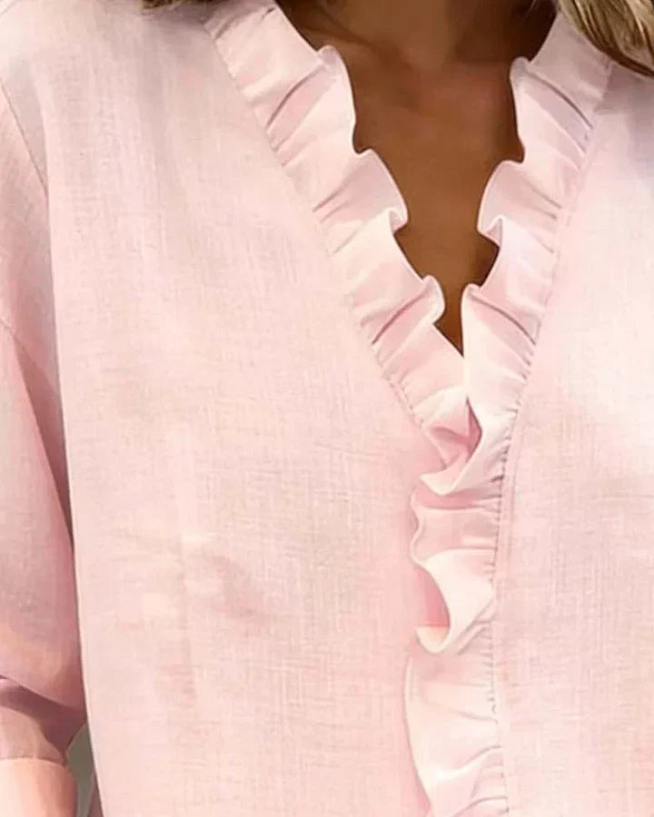 Susan | Bluse med Volanger, V-Hals og Lange Ermer