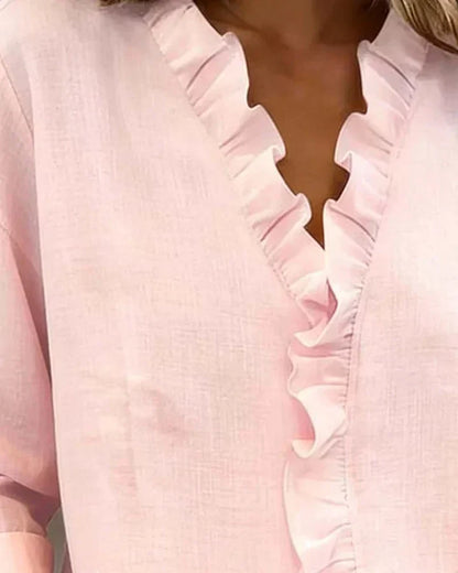 Susan | Bluse med Volanger, V-Hals og Lange Ermer