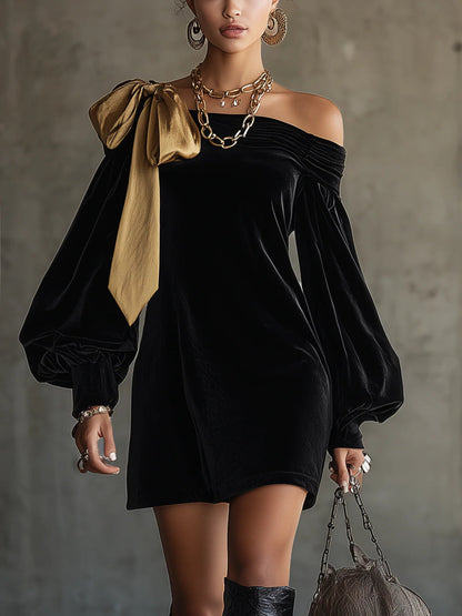 Svart Fløyel og Gull Sateng Patchwork Off-Shoulder Mini-Kjole