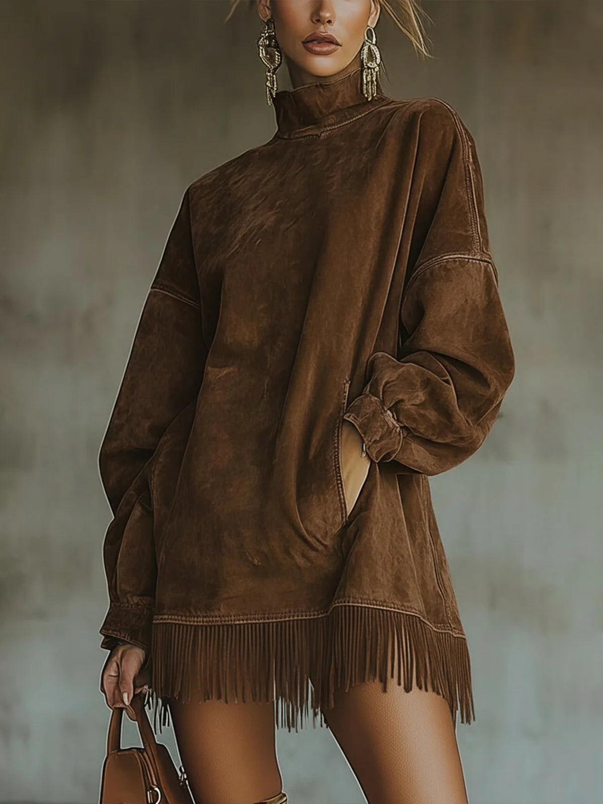 Amalia | Høyhalset Suede Frynse Kjole