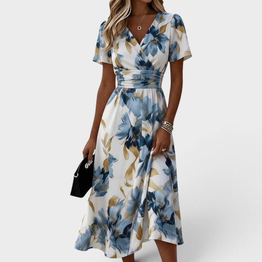 Elara | Floral Wrap Waist Midi Dress