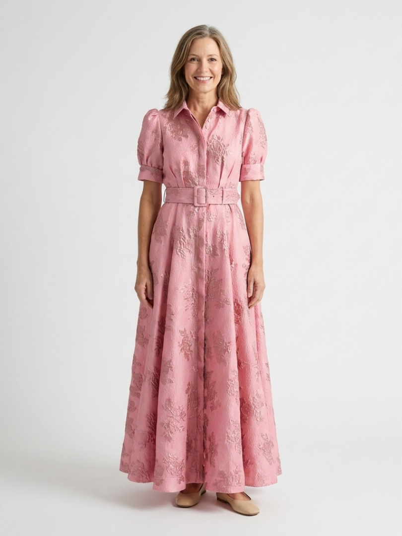 Xanthea | Kortermet Belte Floral Teksturert Maxi Skjortekjole