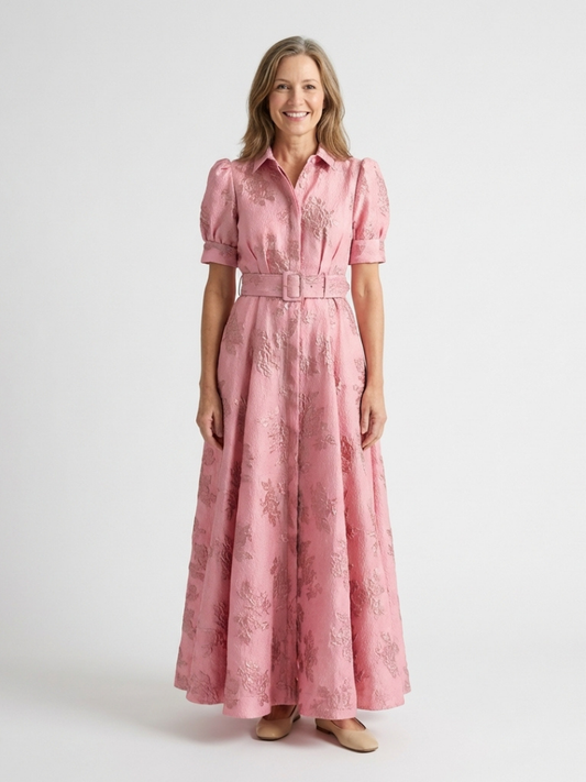 Xanthea | Kortermet Belte Floral Teksturert Maxi Skjortekjole