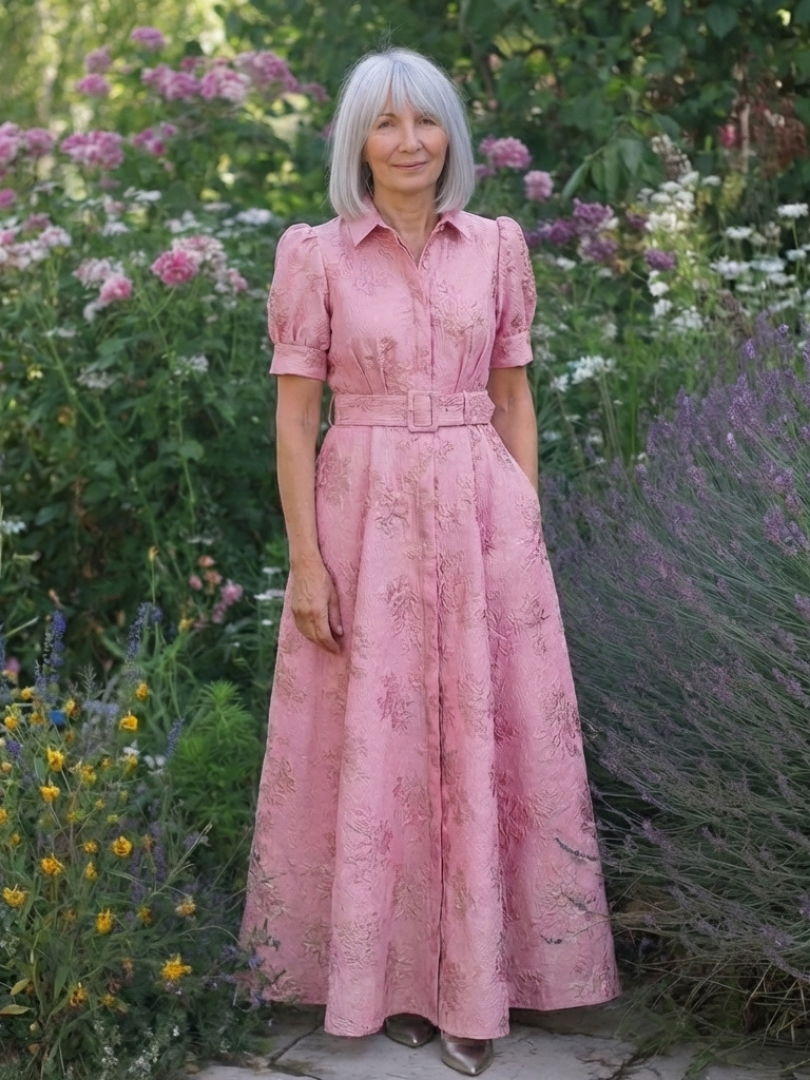 Xanthea | Korte ermer Belteblomst Teksturert Maxi Skjortekjole
