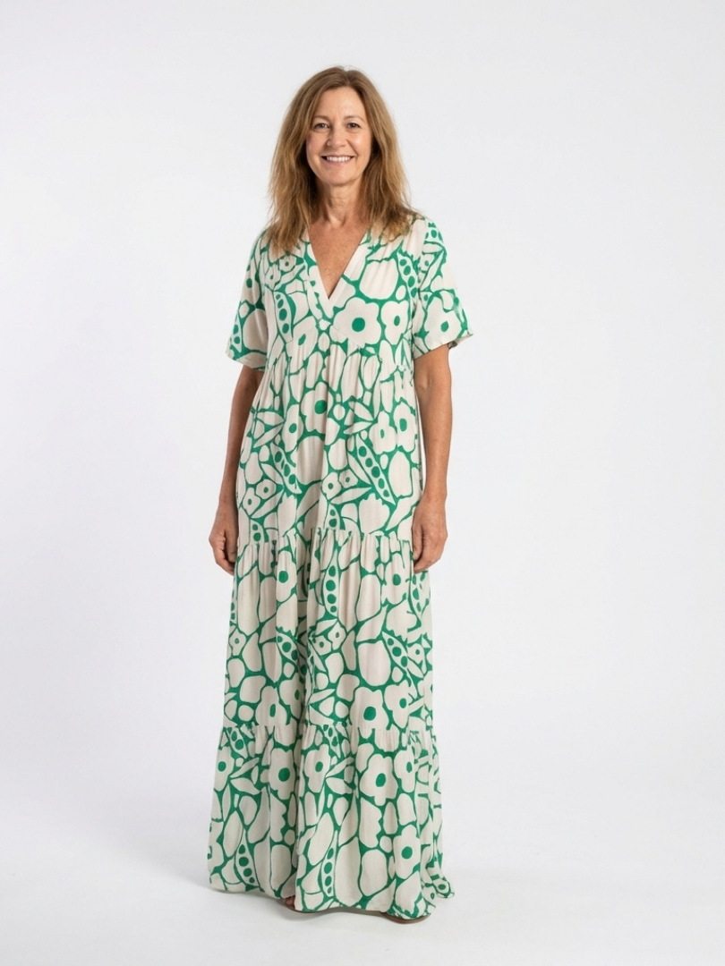 Zuleika | Korte Ermer V-hals Blomster Midi Kjole