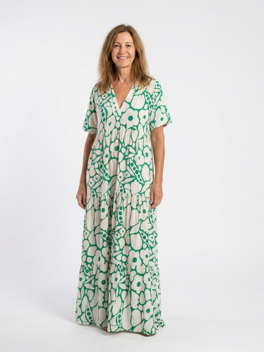 Zuleika | Korte Ermer V-hals Blomster Midi Kjole