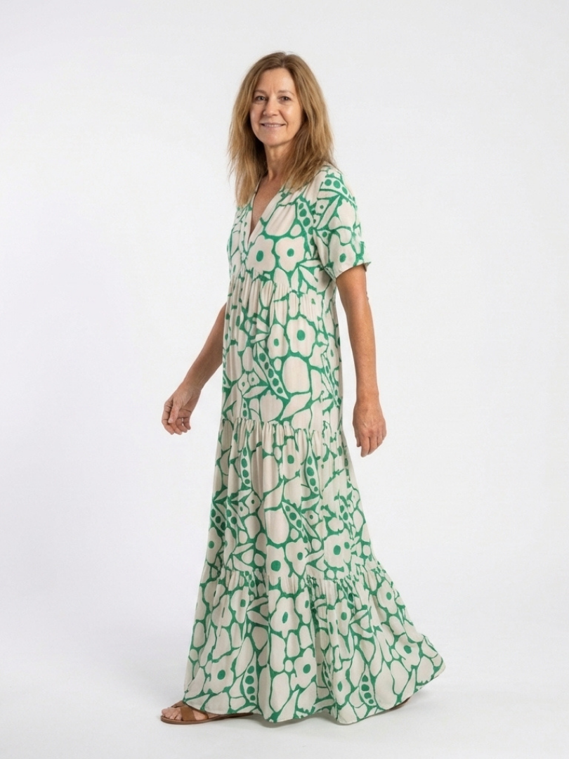 Zuleika | Korte Ermer V-hals Blomster Midi Kjole