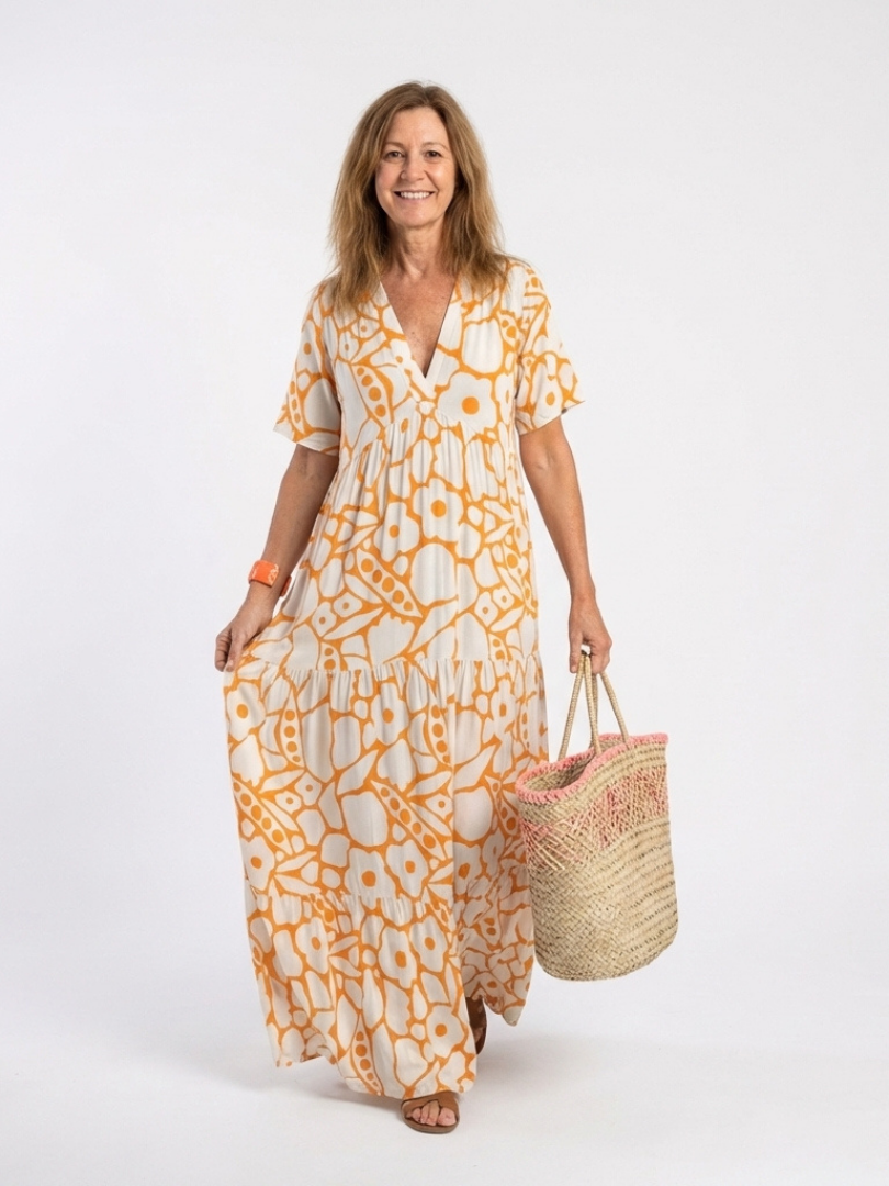 Zuleika | Korte Ermer V-hals Blomster Midi Kjole