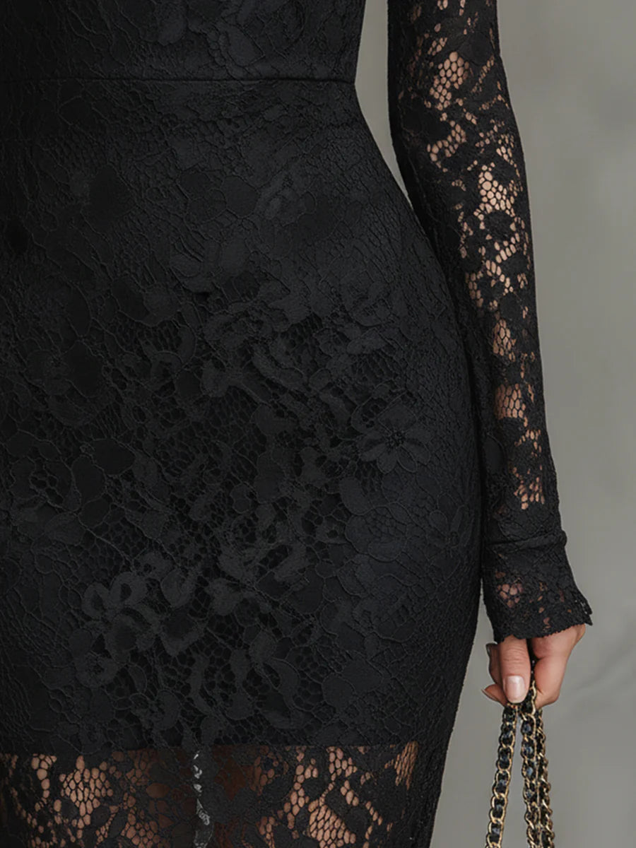 Elegant svart stretchblonde fishtail maxikjole