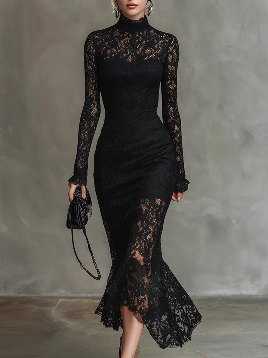 Elegant svart stretchblonde fishtail maxikjole