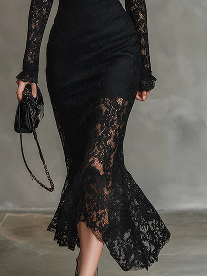 Elegant svart stretchblonde fishtail maxikjole