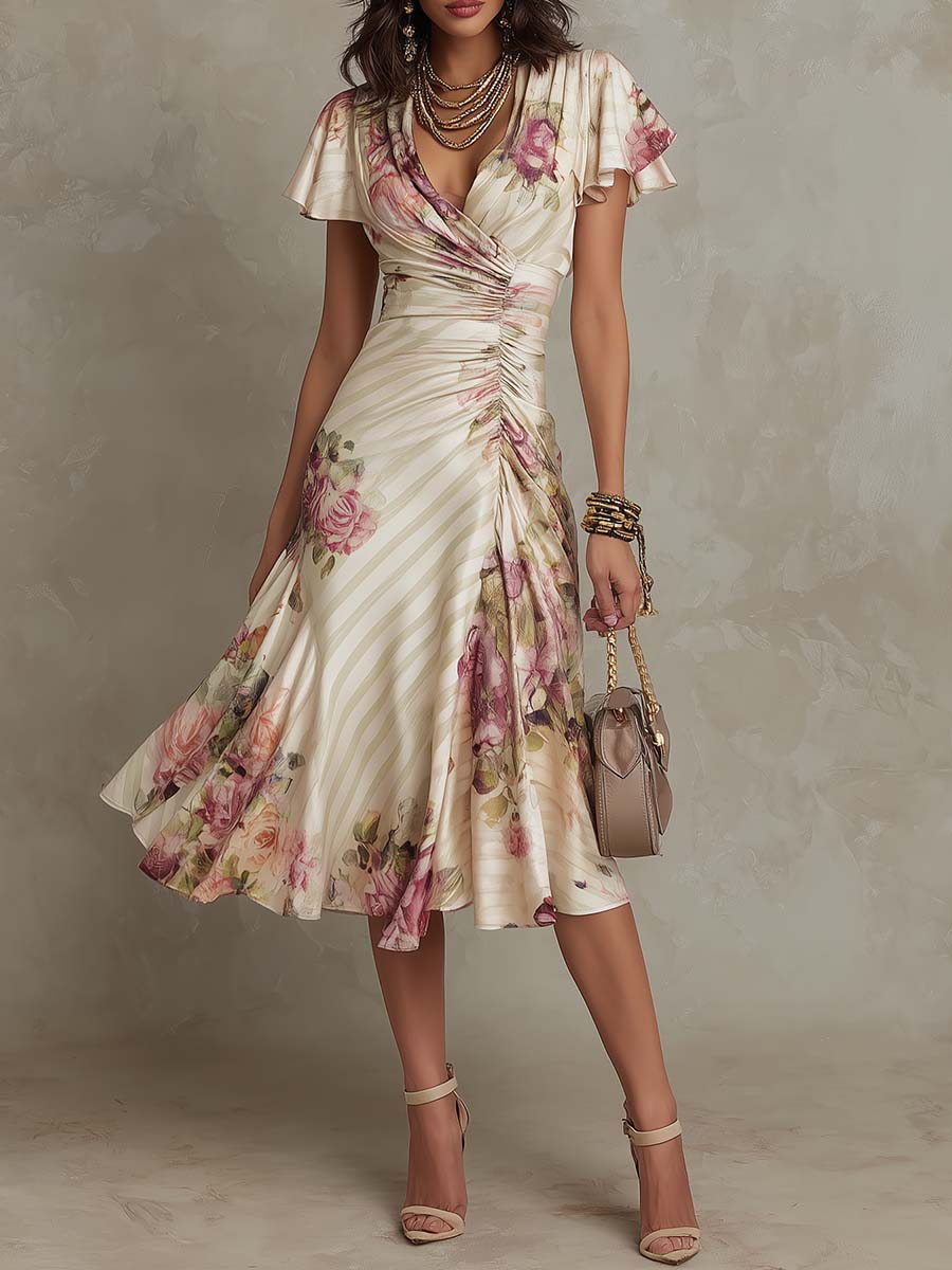 ESSENSIELL - Alba | Elegant Retro Blomstret Satin Midi Kjole ✨