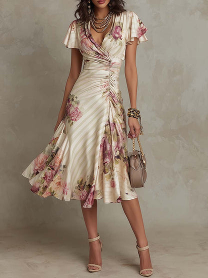 ESSENSIELL - Alba | Elegant Retro Blomstret Satin Midi Kjole ✨