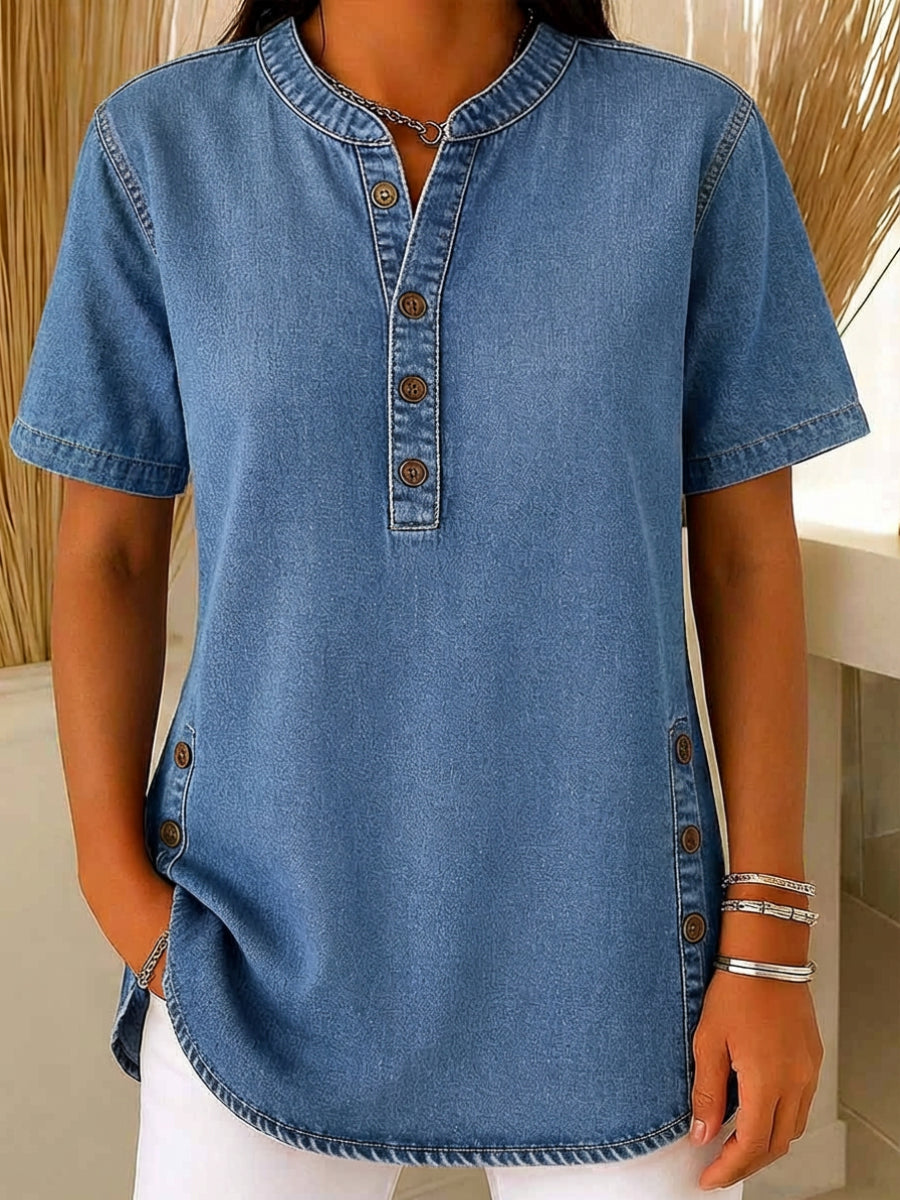 Kvinners Løse Denim Topp - V-Hals Kortermet Casual Knappe Opp Bomull Bluse