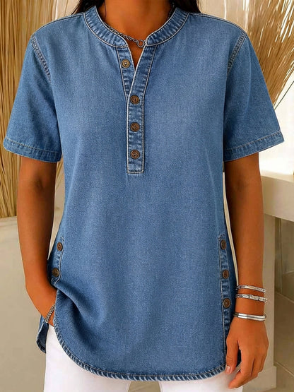 Kvinners Løse Denim Topp - V-Hals Kortermet Casual Knappe Opp Bomull Bluse