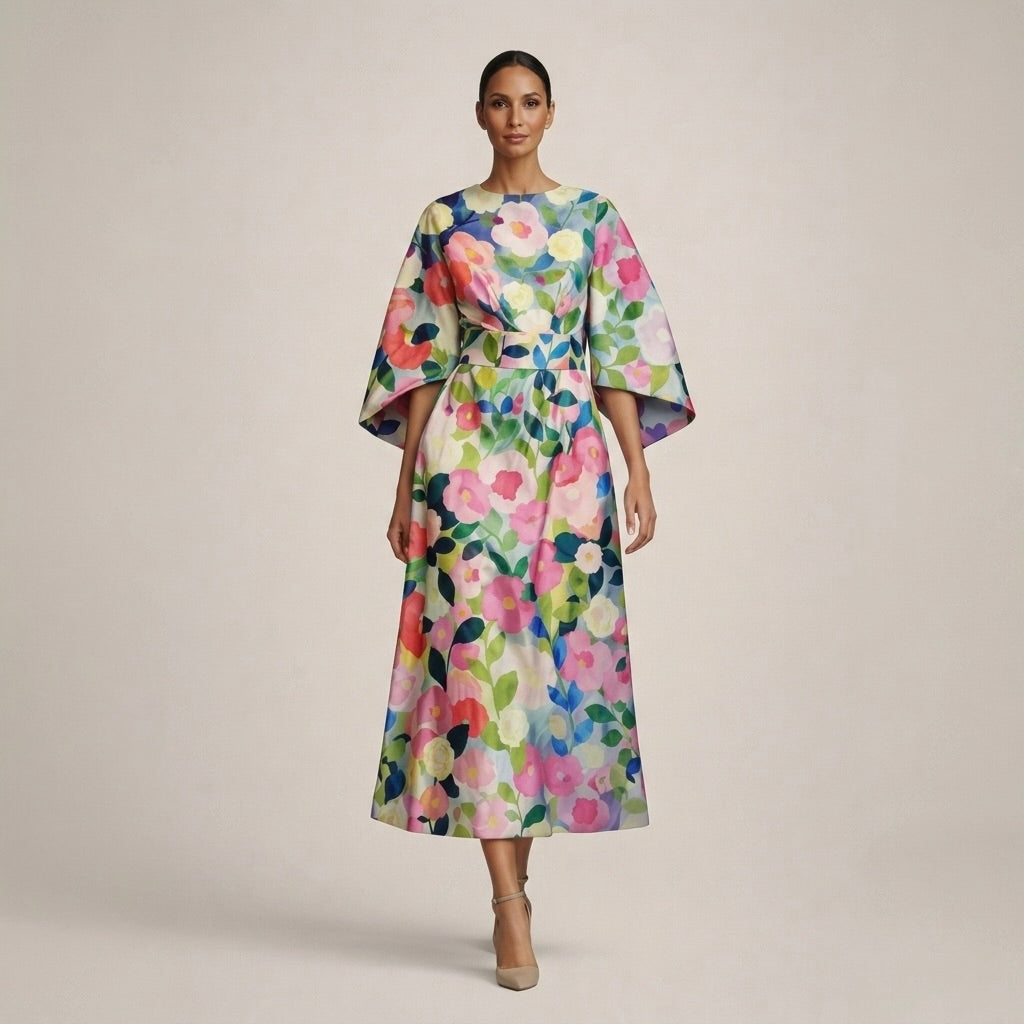 CLEMENTINE | Blomstrete Midi med Skulpturert Midje og Luftig Eleganse