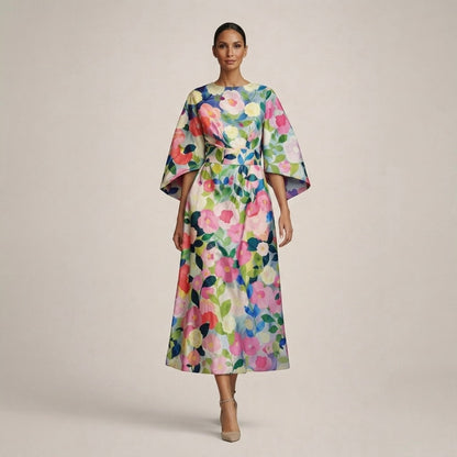 CLEMENTINE | Blomstrete Midi med Skulpturert Midje og Luftig Eleganse