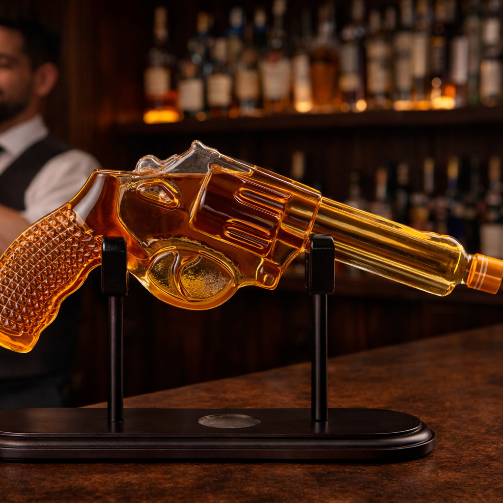 Whiskeyflaske – Revolver Set Utgave med Glass