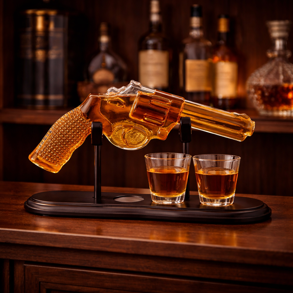 Whiskeyflaske – Revolver Set Utgave med Glass