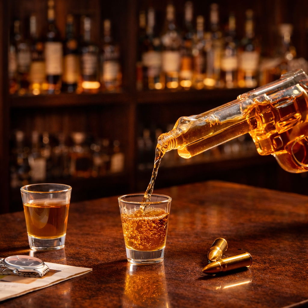 Whiskeyflaske – Revolver Set Utgave med Glass
