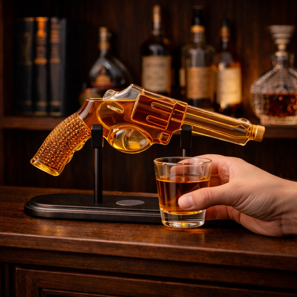 Whiskeyflaske – Revolver Set Utgave med Glass