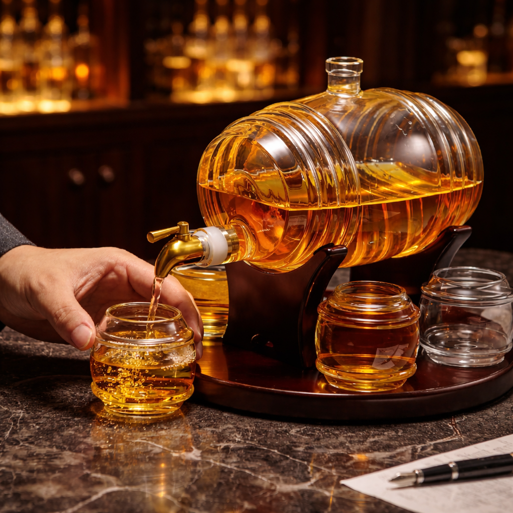 Whiskeyflaske - Fatsettutgave med glass