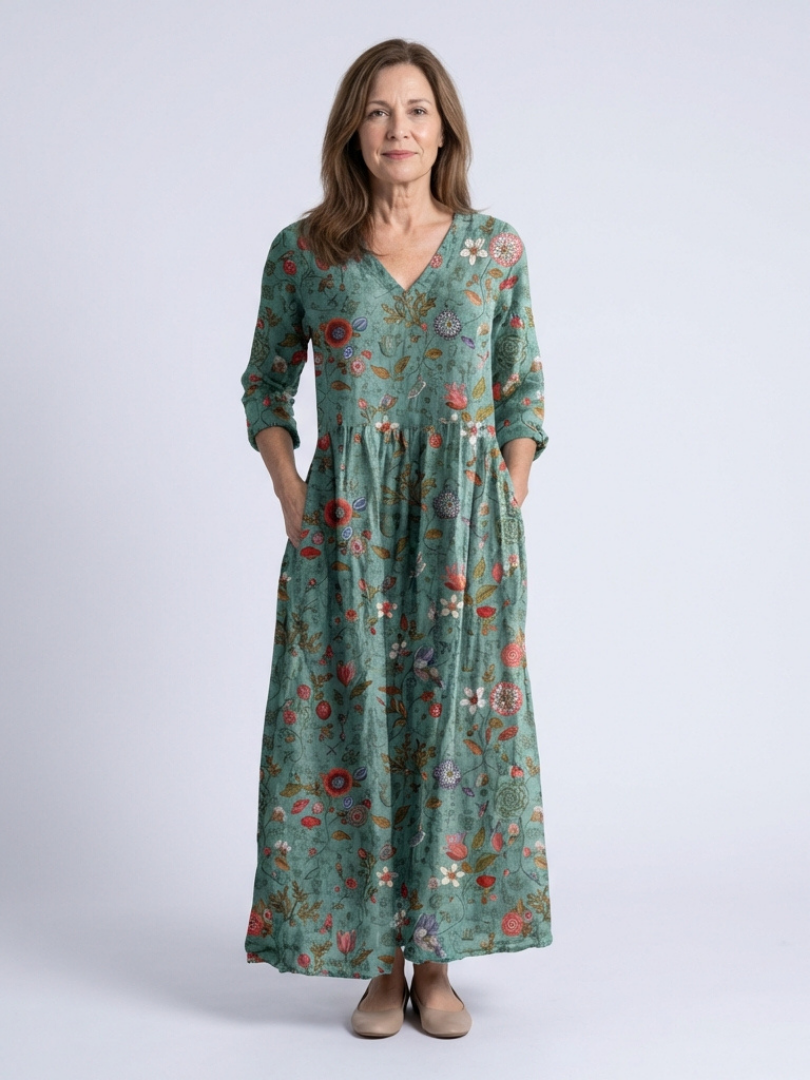 Marina | Blomsterprint V-hals Maxi Kjole med Trekvart Ermer