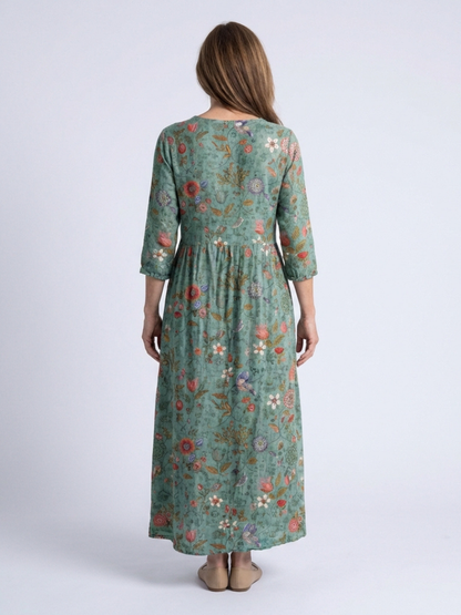 Marina | Blomsterprint V-hals Maxi Kjole med Trekvart Ermer