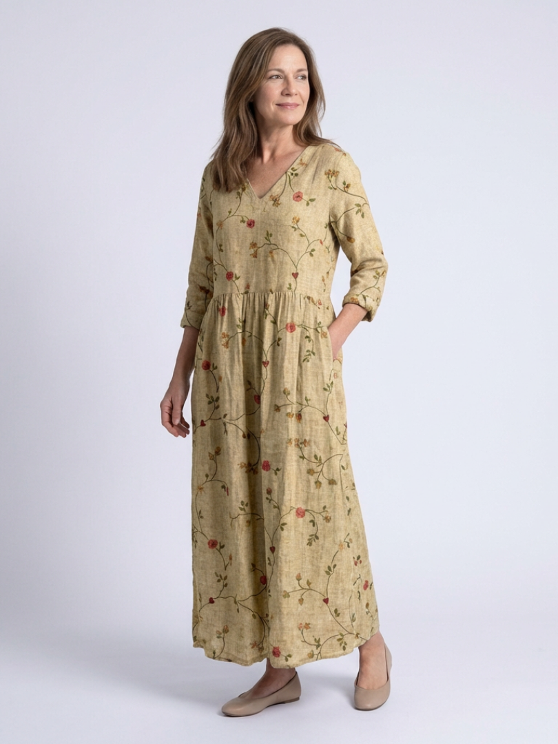 Marina | Blomsterprint V-hals Maxi Kjole med Trekvart Ermer