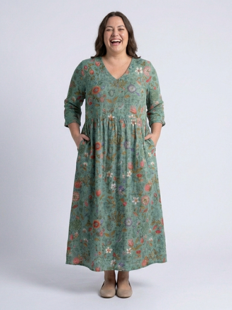 Marina | Blomsterprint V-hals Maxi Kjole med Trekvart Ermer