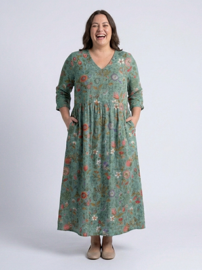 Marina | Blomsterprint V-hals Maxi Kjole med Trekvart Ermer