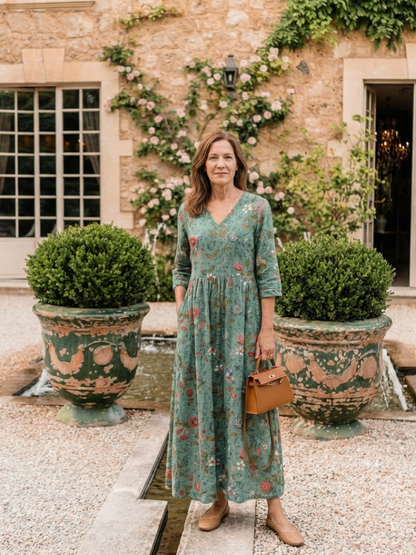 Marina | Blomsterprint V-hals Maxi Kjole med Trekvart Ermer